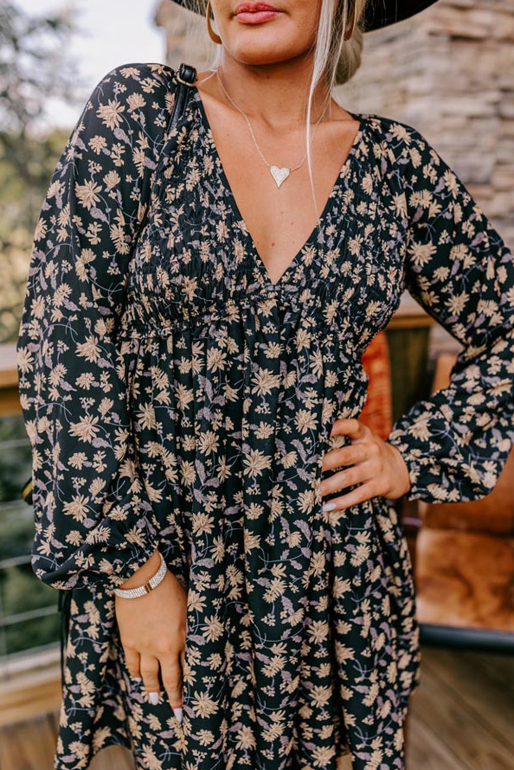 Black Floral Smocked V Neck Bubble Sleeve Babydoll Dress - MAD RUFFI