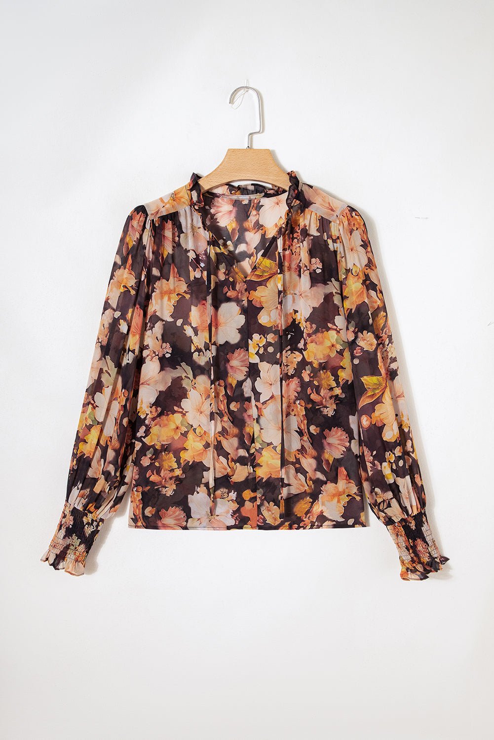Black Floral V Neck Long Puff Sleeve Breezy Blouse - MAD RUFFI