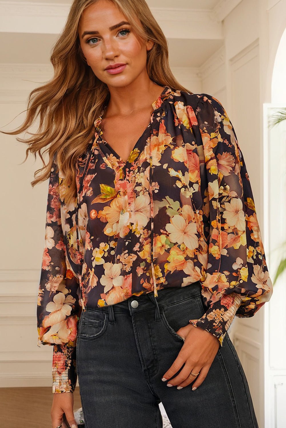 Black Floral V Neck Long Puff Sleeve Breezy Blouse - MAD RUFFI