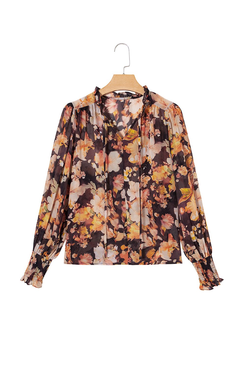 Black Floral V Neck Long Puff Sleeve Breezy Blouse - MAD RUFFI