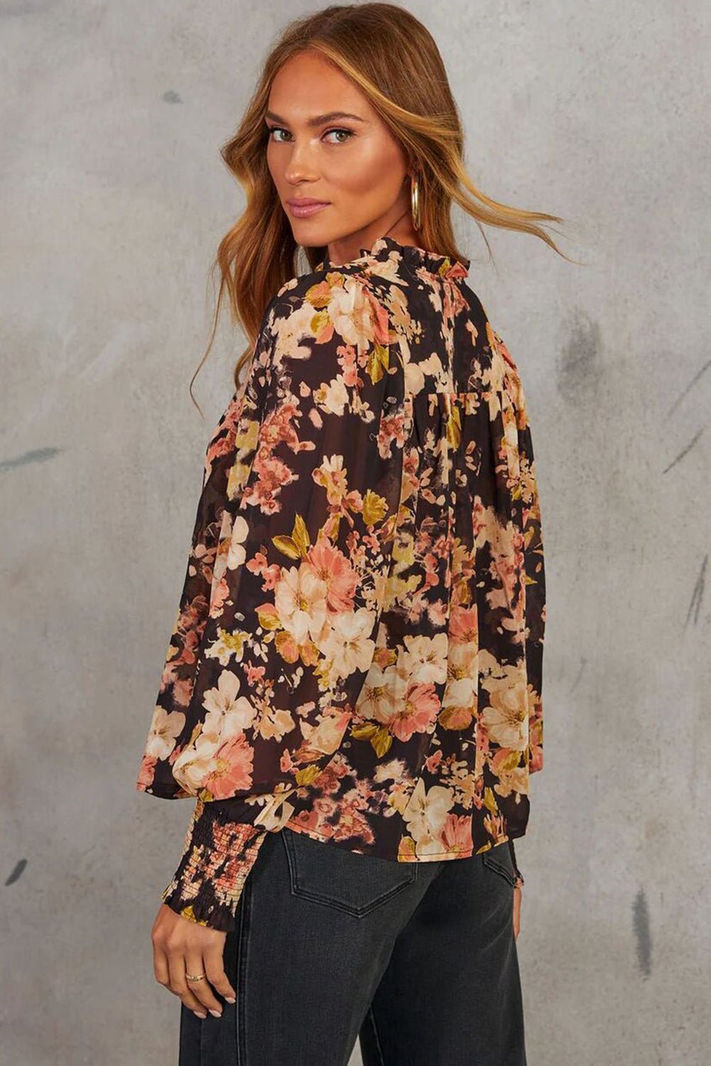Black Floral V Neck Long Puff Sleeve Breezy Blouse - MAD RUFFI
