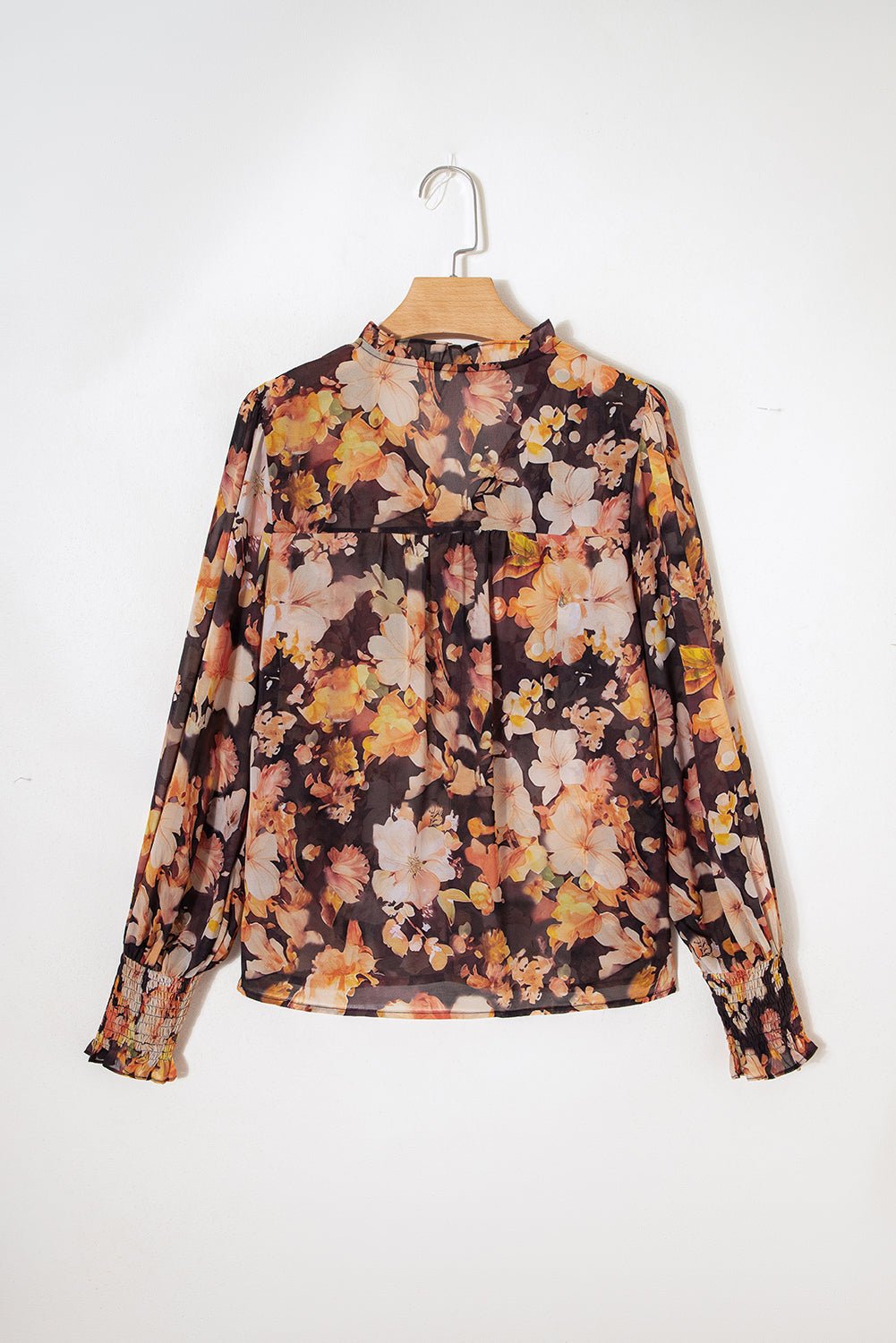 Black Floral V Neck Long Puff Sleeve Breezy Blouse - MAD RUFFI
