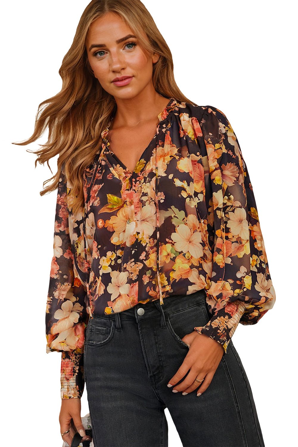 Black Floral V Neck Long Puff Sleeve Breezy Blouse - MAD RUFFI