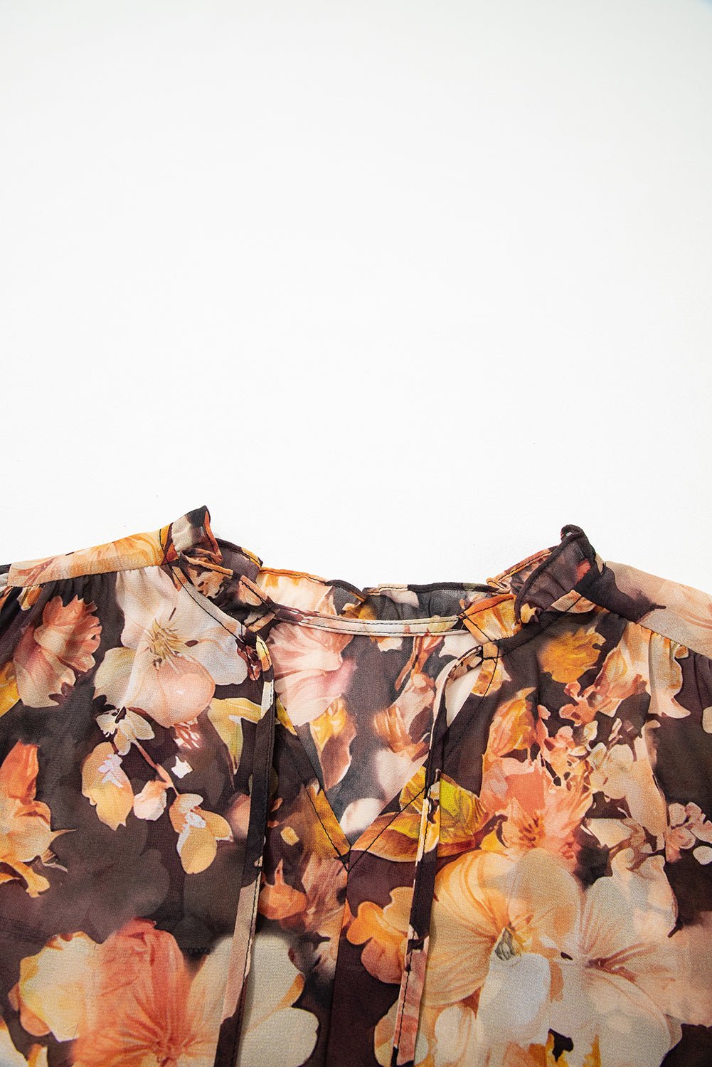 Black Floral V Neck Long Puff Sleeve Breezy Blouse - MAD RUFFI