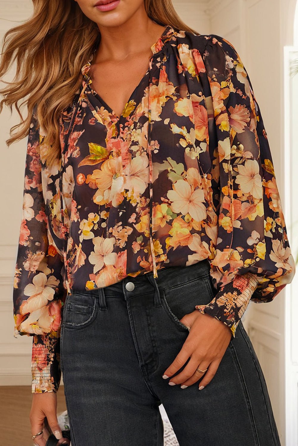 Black Floral V Neck Long Puff Sleeve Breezy Blouse - MAD RUFFI