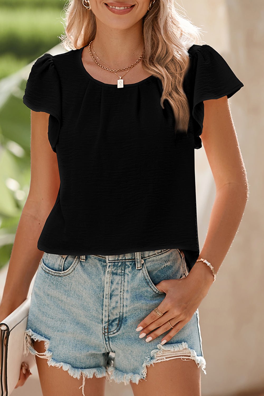 Black Flounce Sleeve Pleated Textured Blouse - MAD RUFFI