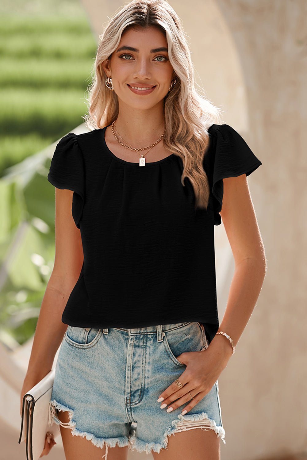 Black Flounce Sleeve Pleated Textured Blouse - MAD RUFFI