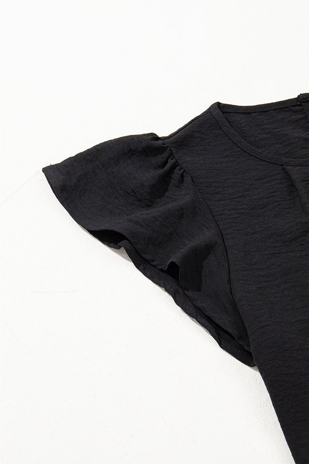 Black Flounce Sleeve Pleated Textured Blouse - MAD RUFFI