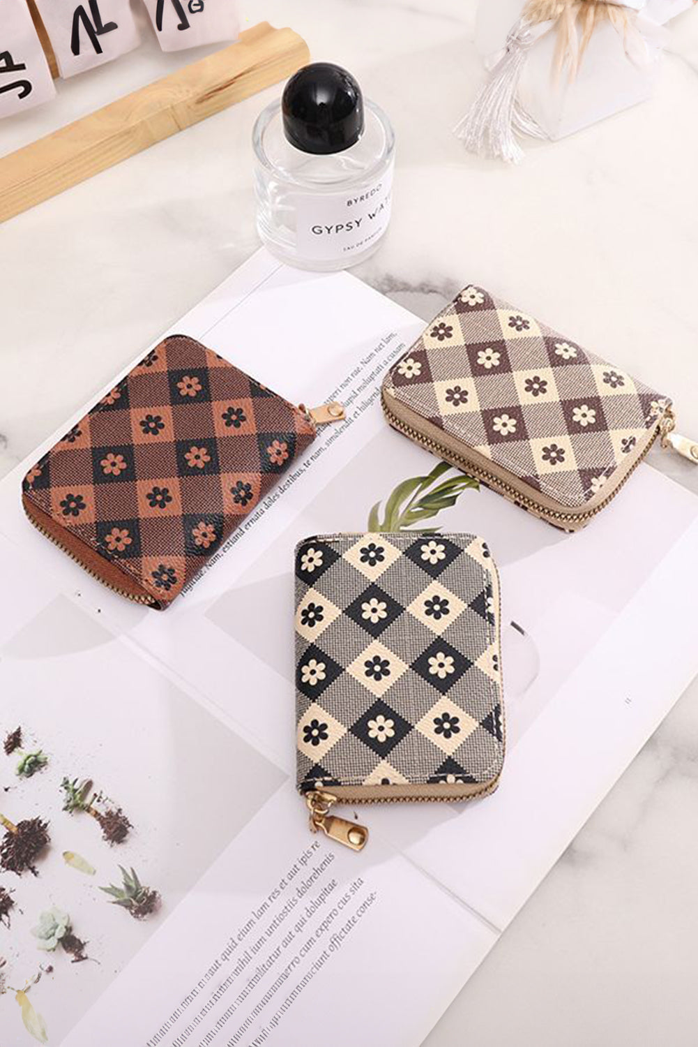 Black Flower Checkered PU Leather Wallet - Clutches & Evening Bags