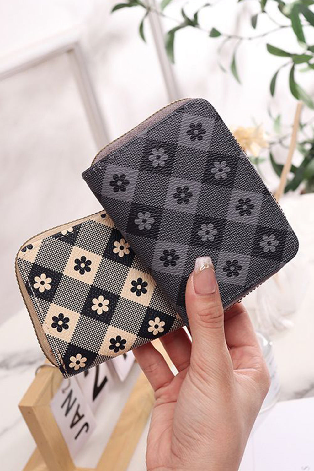 Black Flower Checkered PU Leather Wallet - Clutches & Evening Bags