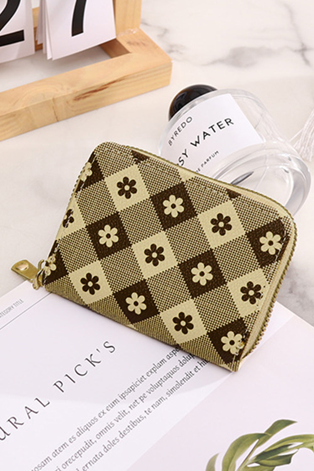 Black Flower Checkered PU Leather Wallet - Clutches & Evening Bags