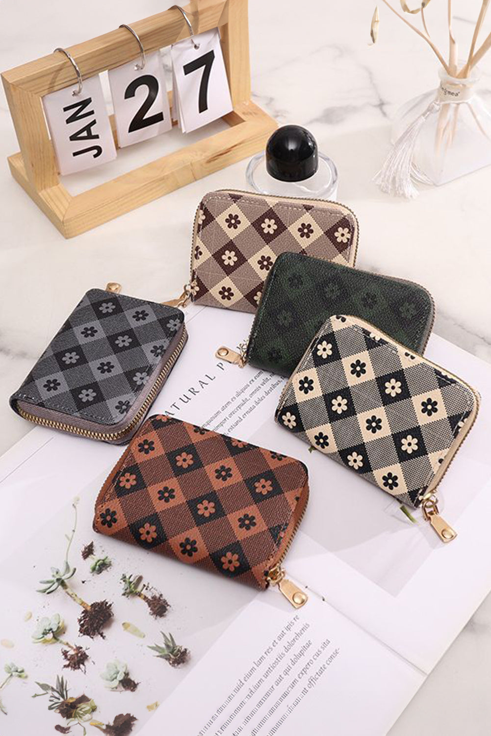 Black Flower Checkered PU Leather Wallet - Clutches & Evening Bags