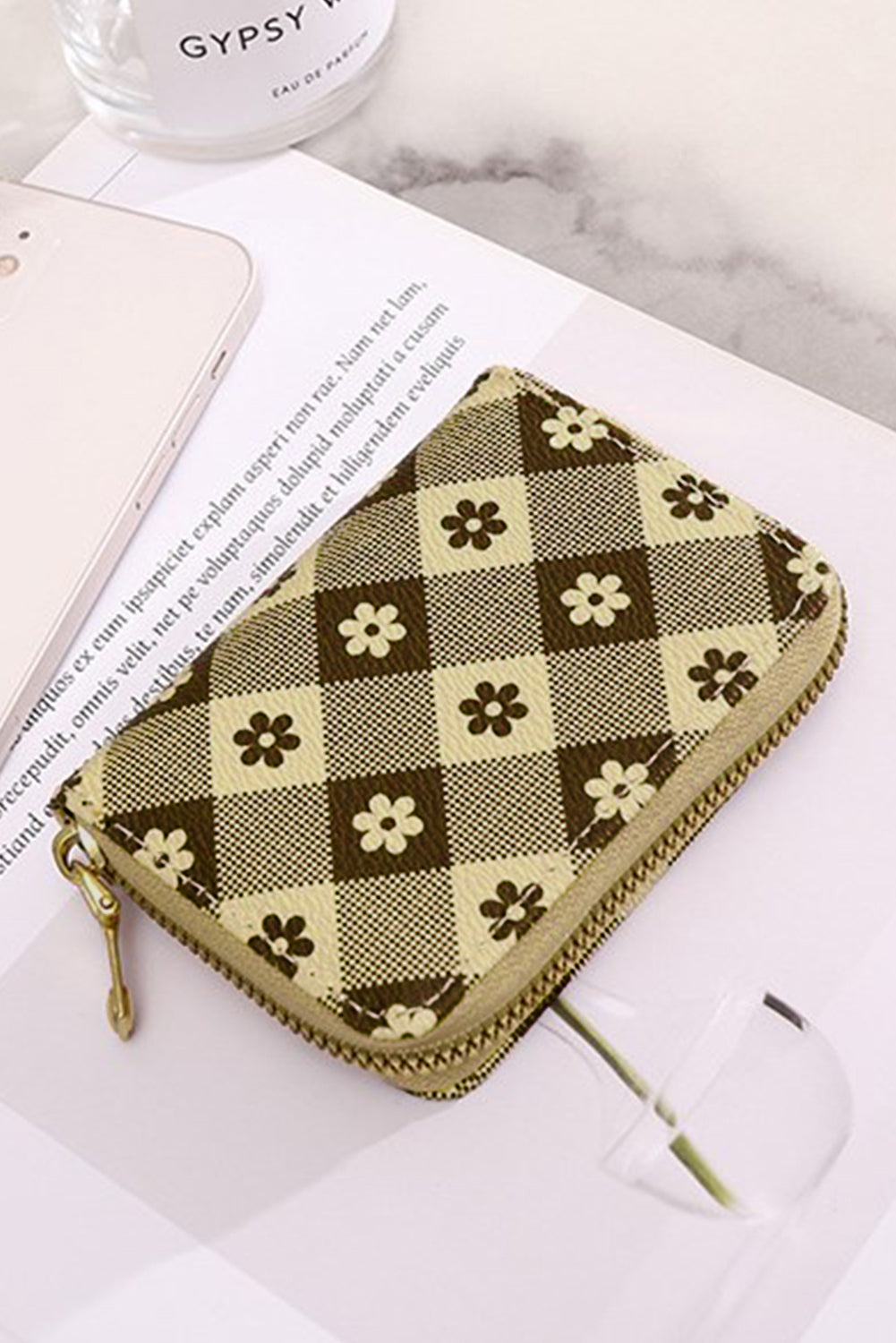 Black Flower Checkered PU Leather Wallet - Clutches & Evening Bags