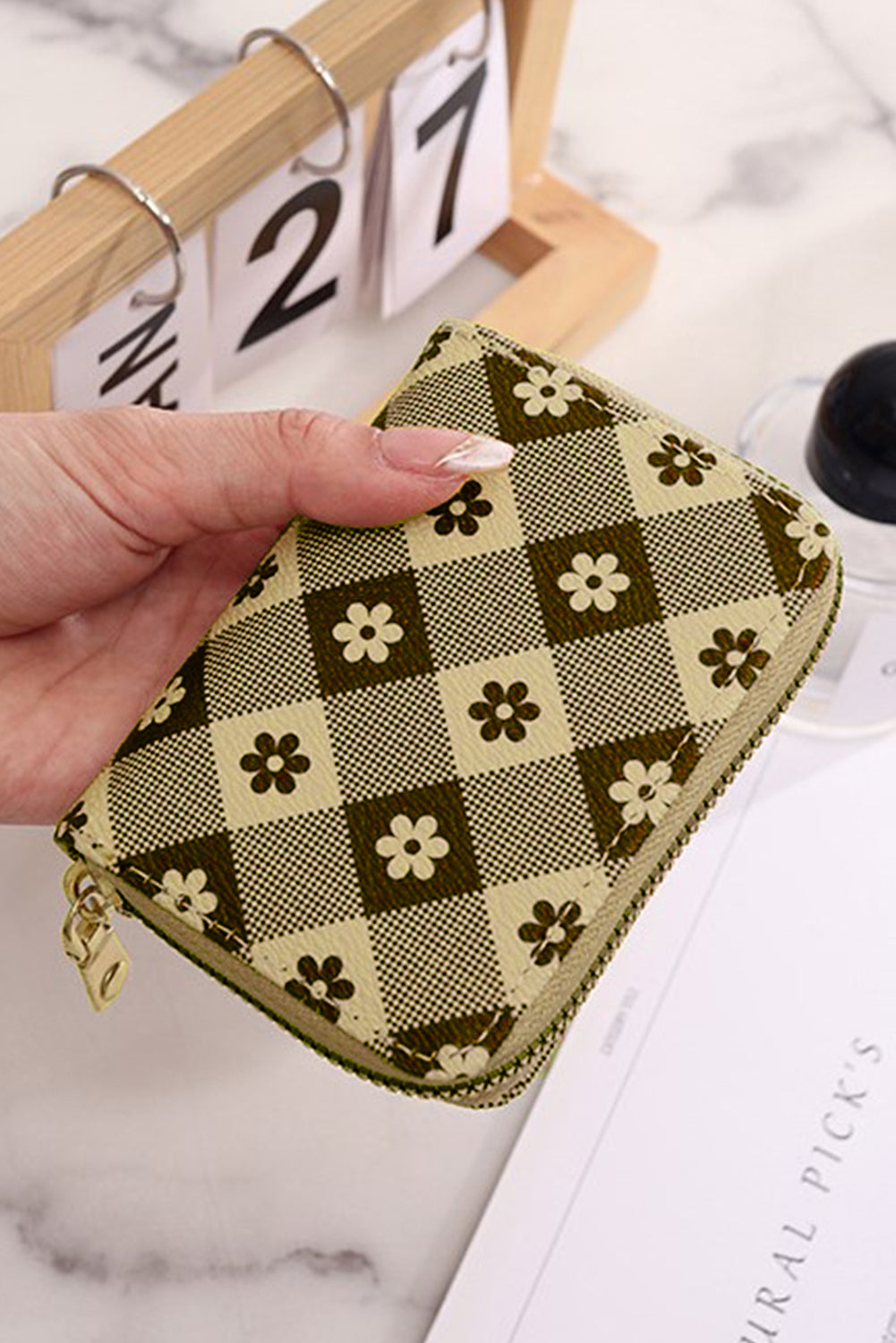 Black Flower Checkered PU Leather Wallet - Khaki / ONE SIZE - Clutches & Evening Bags