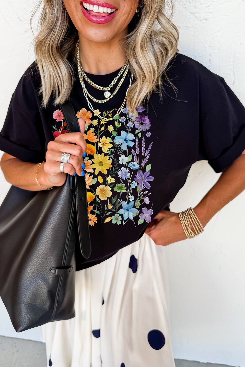 Black Flower Print Cotton Blend Casual Tee - MAD RUFFI