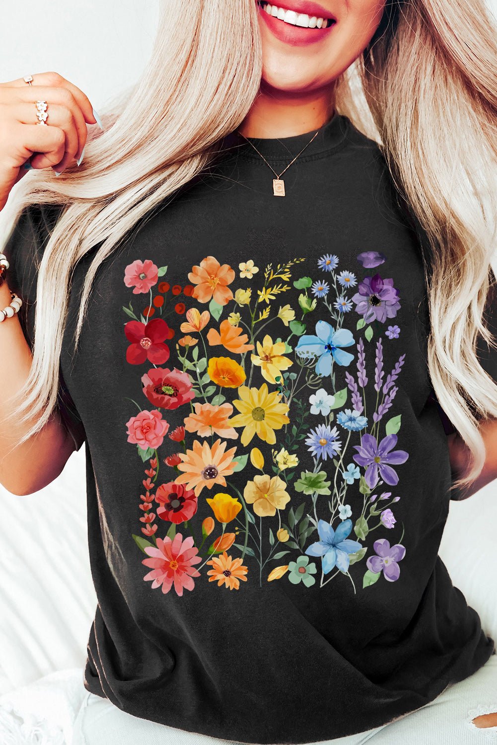 Black Flower Print Cotton Blend Casual Tee - MAD RUFFI