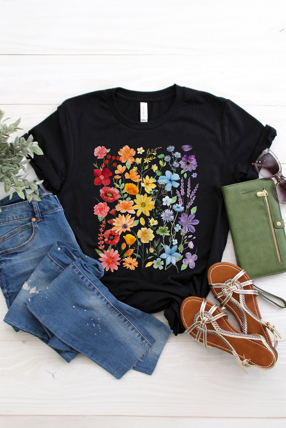 Black Flower Print Cotton Blend Casual Tee - MAD RUFFI