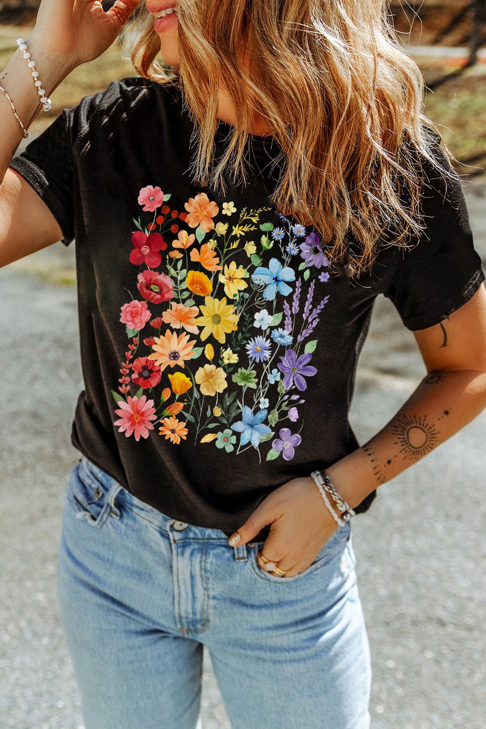 Black Flower Print Cotton Blend Casual Tee - MAD RUFFI