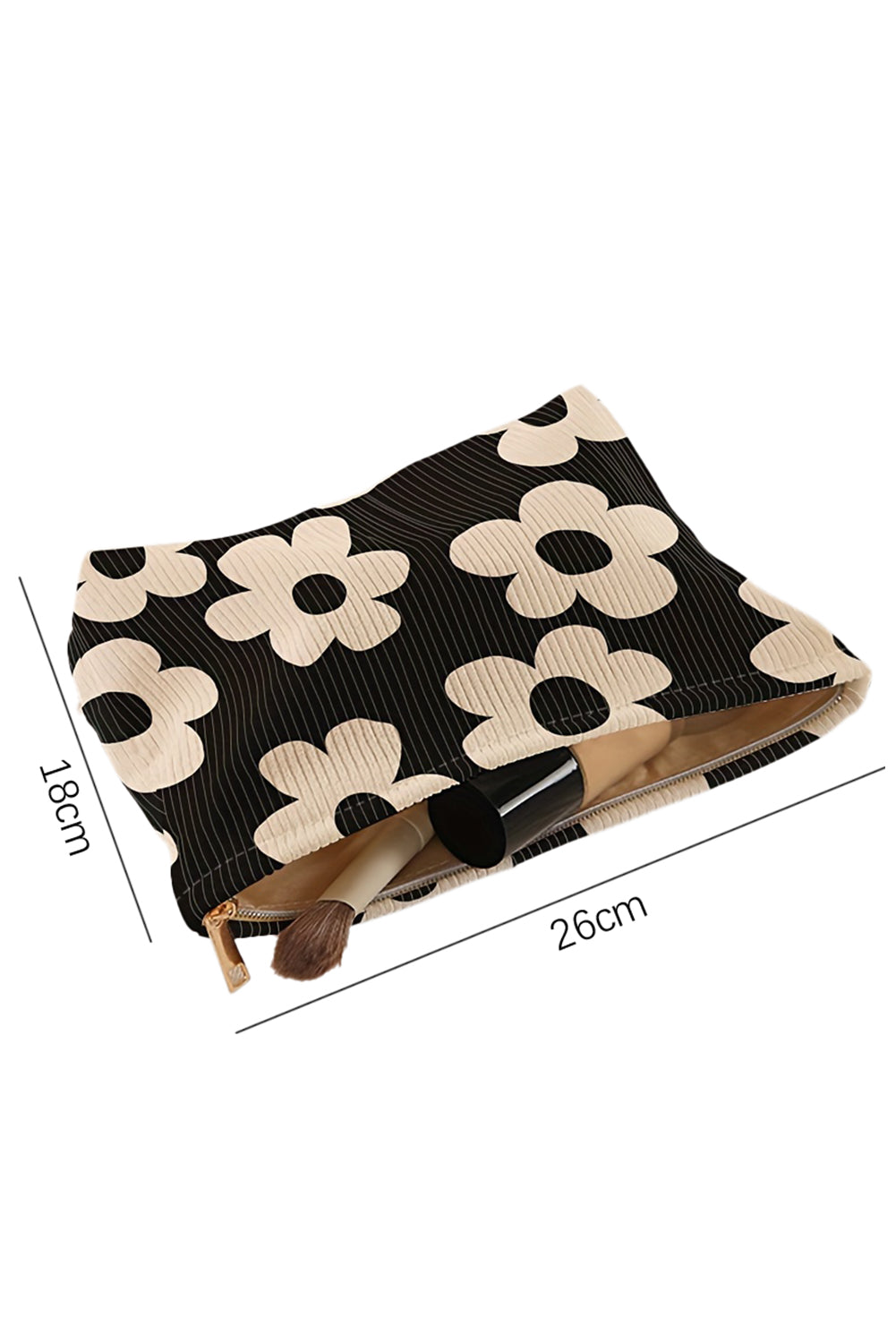 Black Flower Printed Rib Textured Cosmetic Bag - MAD RUFFI