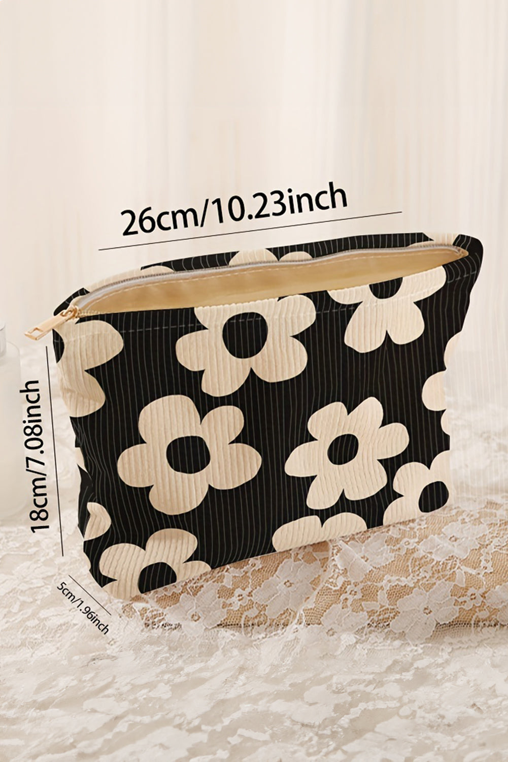 Black Flower Printed Rib Textured Cosmetic Bag - MAD RUFFI