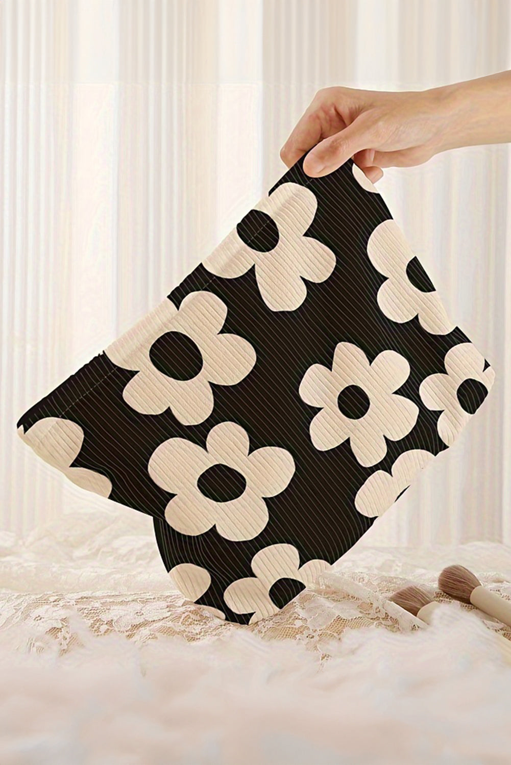 Black Flower Printed Rib Textured Cosmetic Bag - MAD RUFFI