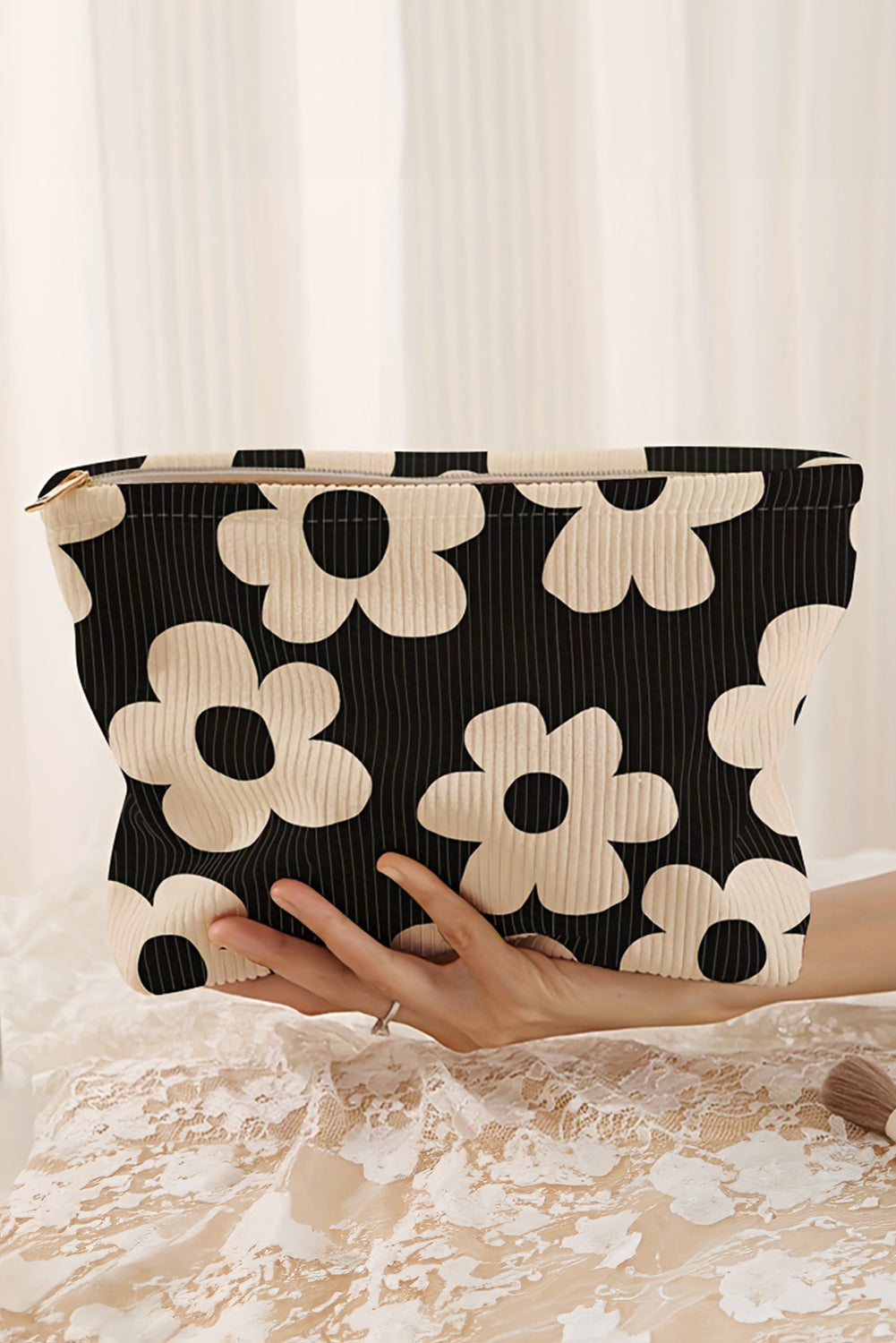 Black Flower Printed Rib Textured Cosmetic Bag - MAD RUFFI