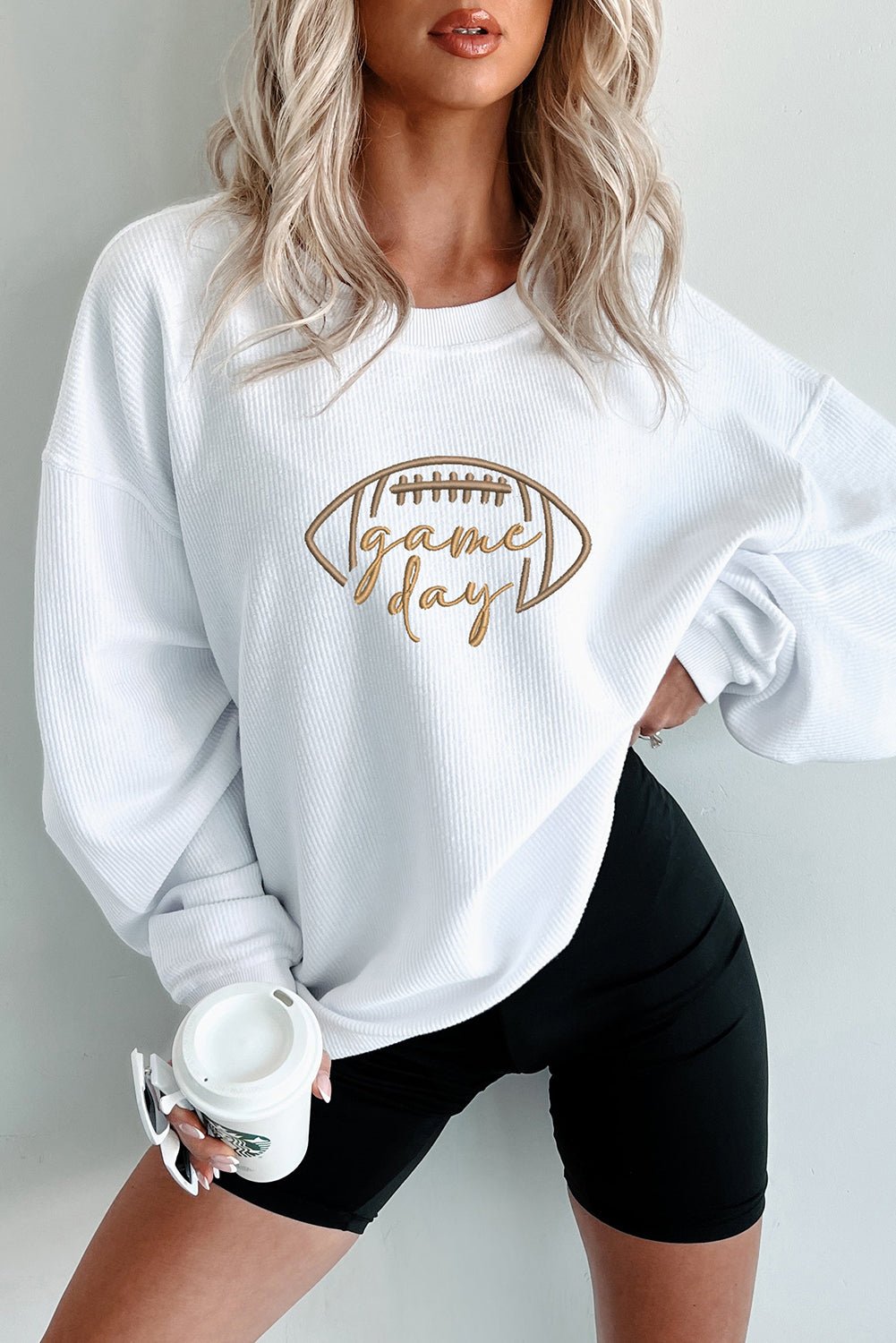 Black Football Graphic Drop Shoulder Game Day Corded Sweatshirt - MAD RUFFI