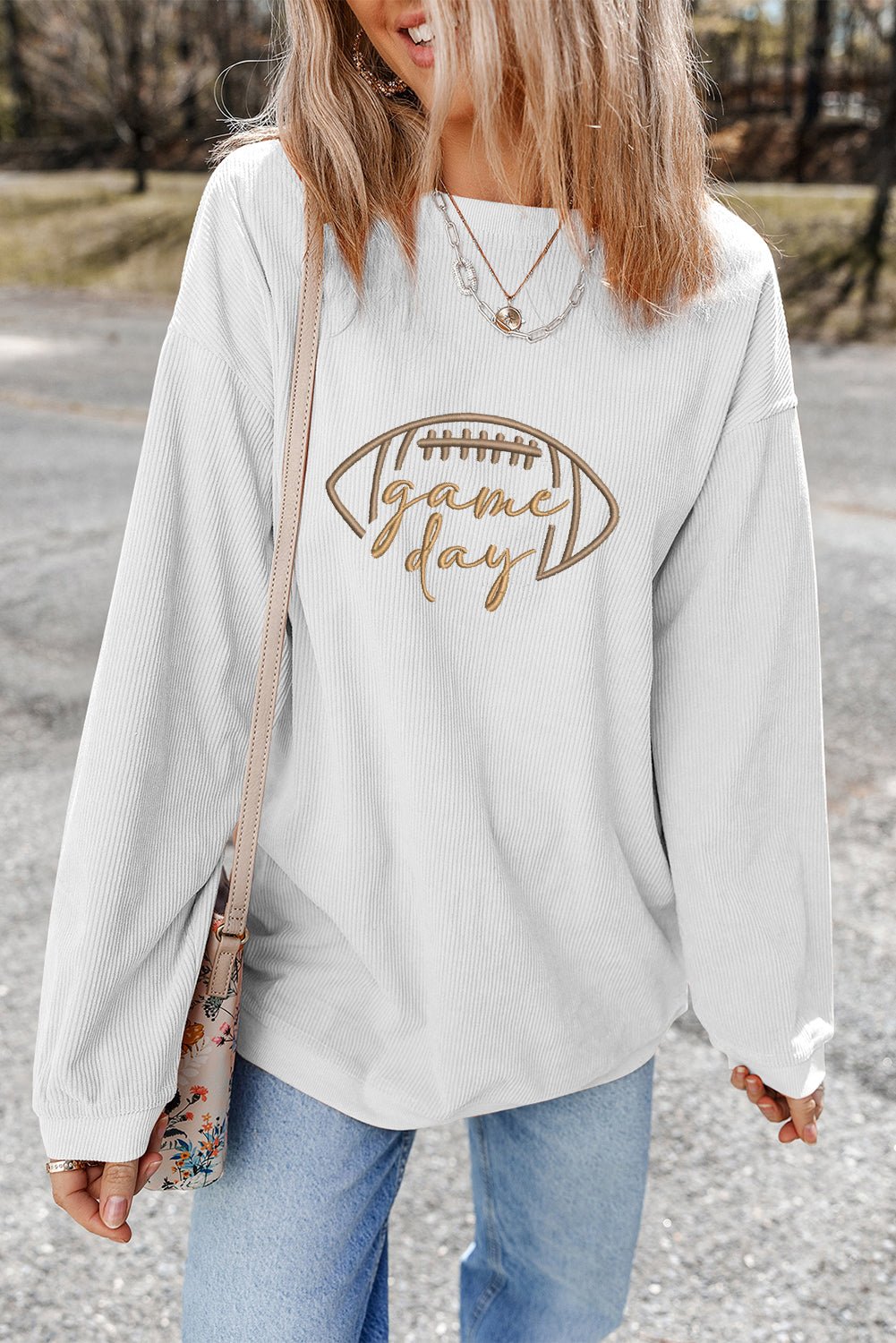 Black Football Graphic Drop Shoulder Game Day Corded Sweatshirt - MAD RUFFI