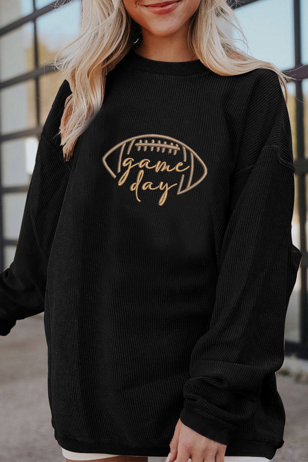 Black Football Graphic Drop Shoulder Game Day Corded Sweatshirt - MAD RUFFI