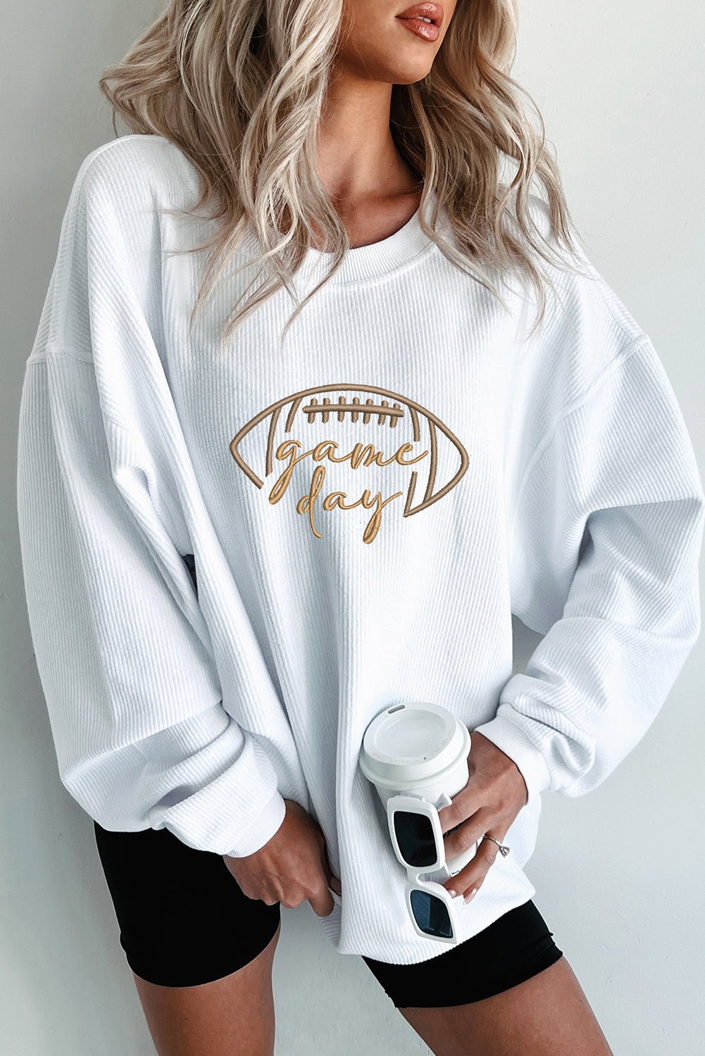 Black Football Graphic Drop Shoulder Game Day Corded Sweatshirt - MAD RUFFI
