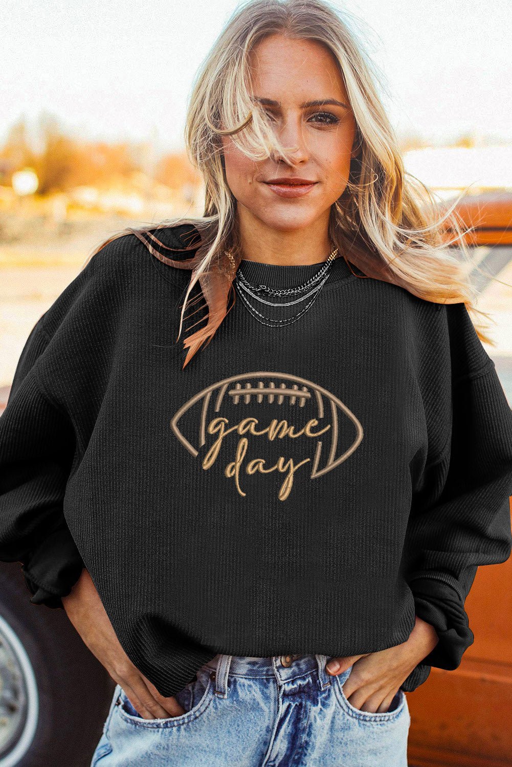Black Football Graphic Drop Shoulder Game Day Corded Sweatshirt - MAD RUFFI