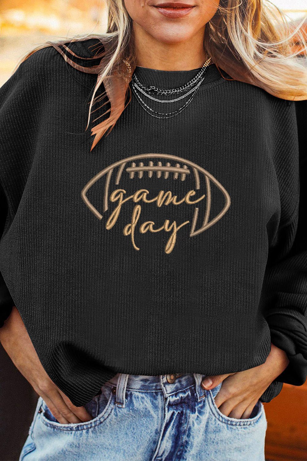 Black Football Graphic Drop Shoulder Game Day Corded Sweatshirt - MAD RUFFI