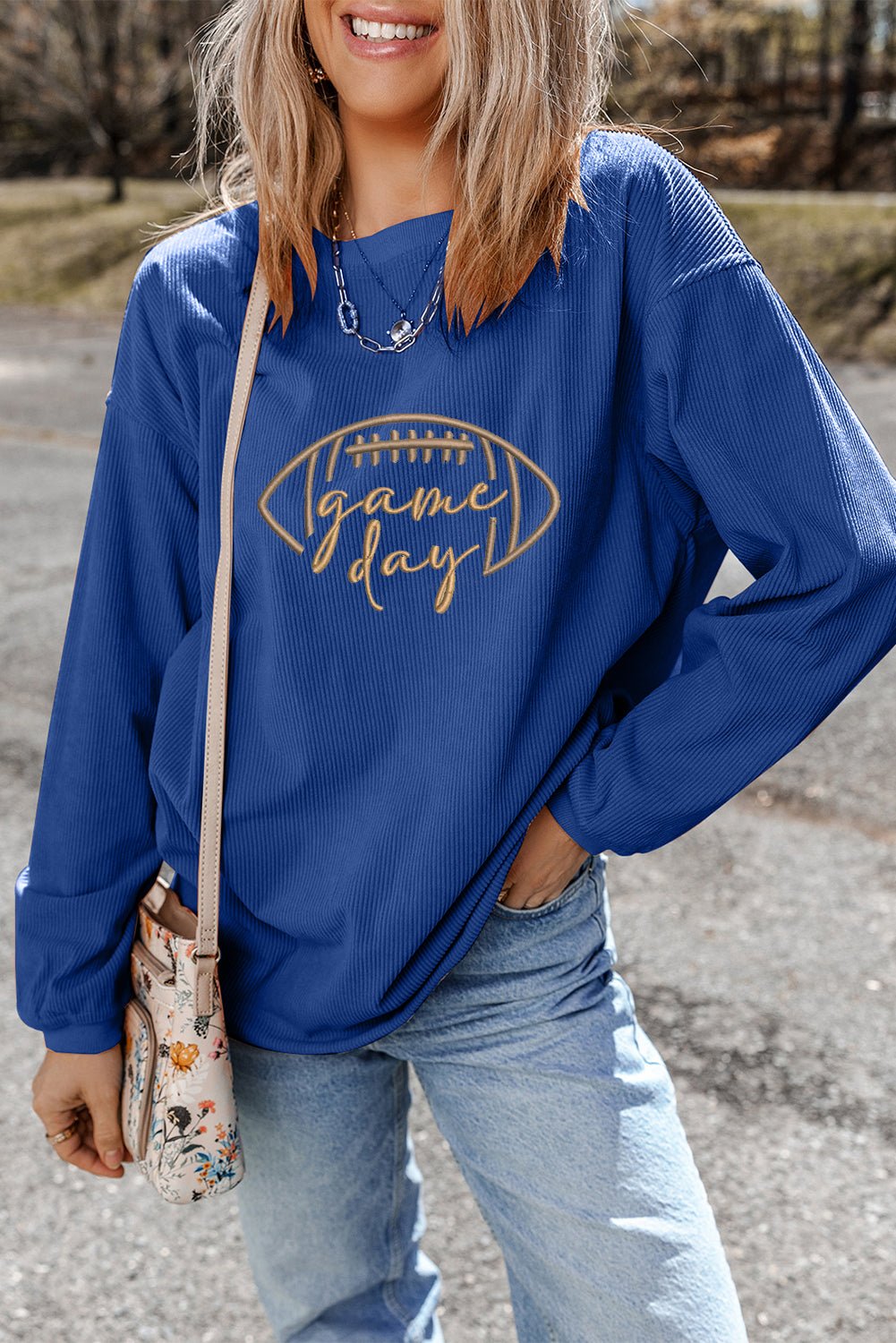 Black Football Graphic Drop Shoulder Game Day Corded Sweatshirt - MAD RUFFI