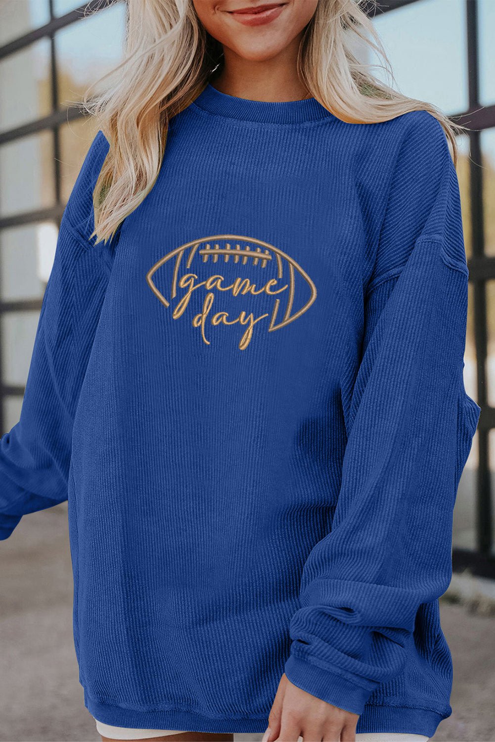 Black Football Graphic Drop Shoulder Game Day Corded Sweatshirt - MAD RUFFI