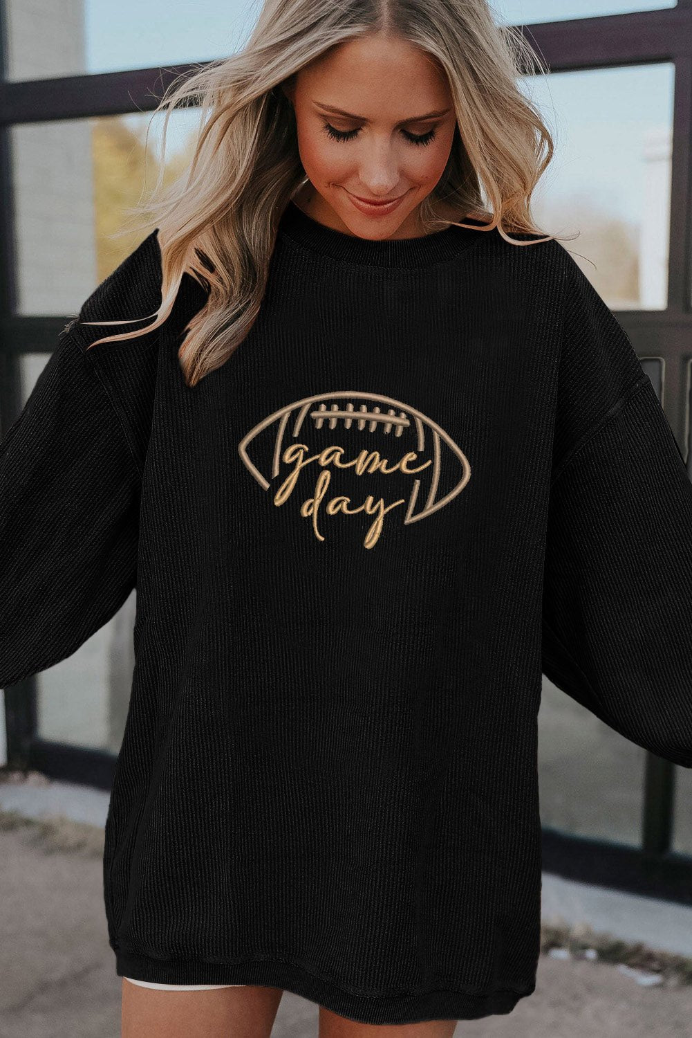 Black Football Graphic Drop Shoulder Game Day Corded Sweatshirt - MAD RUFFI