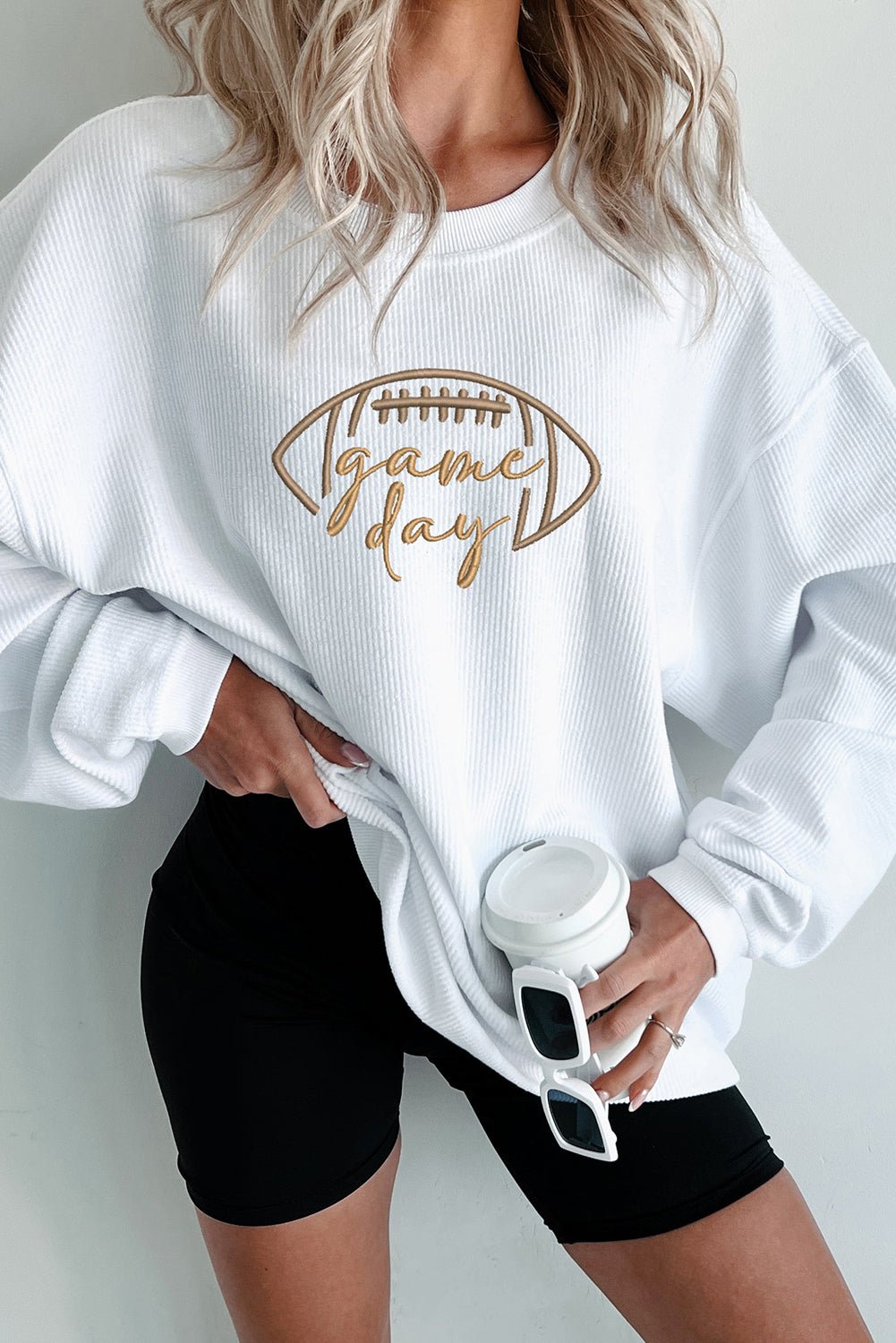 Black Football Graphic Drop Shoulder Game Day Corded Sweatshirt - MAD RUFFI