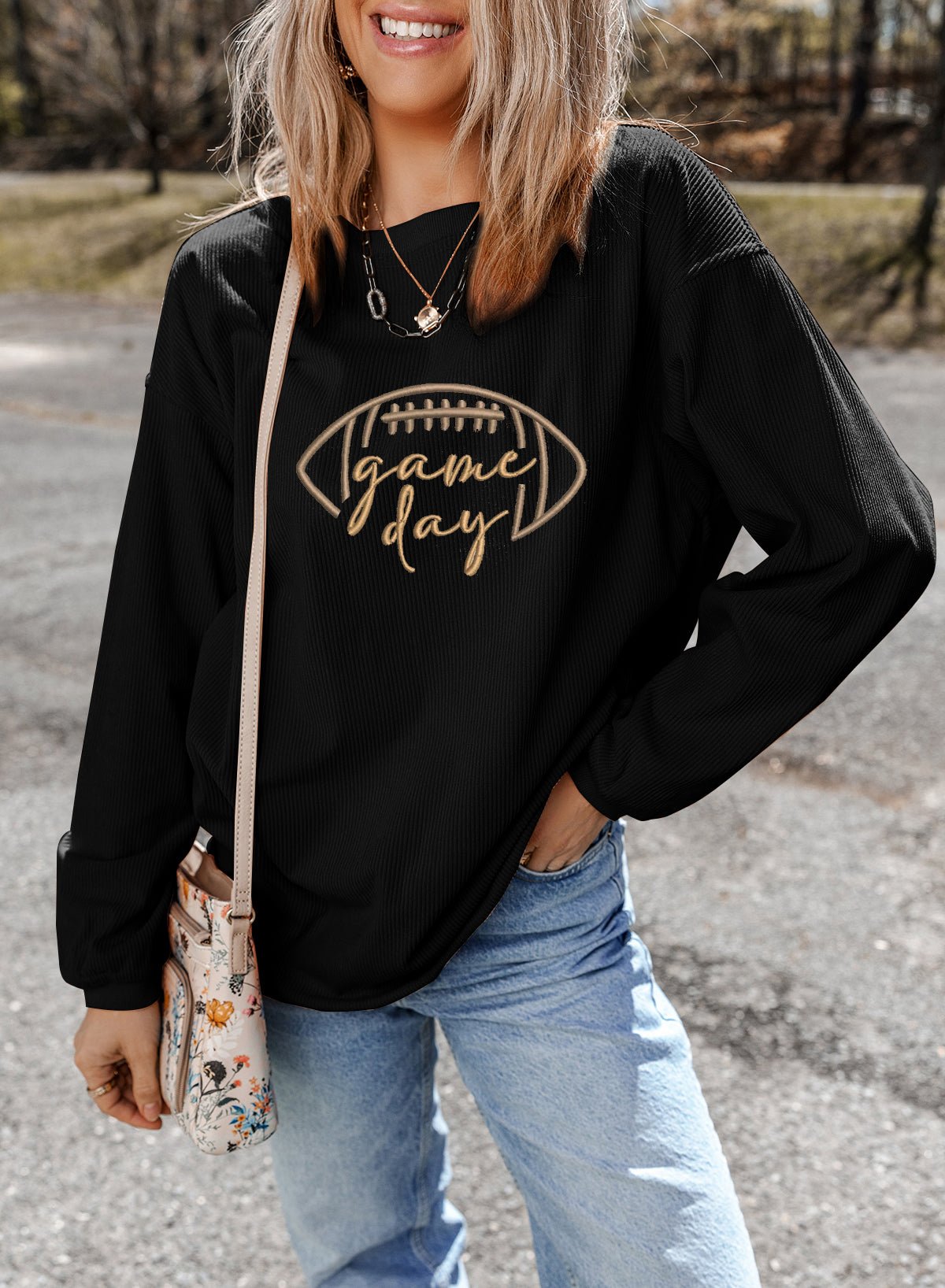 Black Football Graphic Drop Shoulder Game Day Corded Sweatshirt - MAD RUFFI