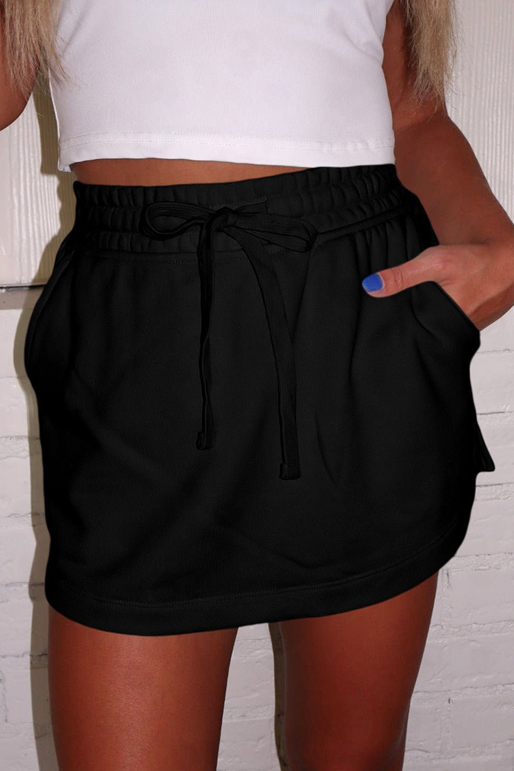 black french terry drawstring mini skort with pockets - MAD RUFFI