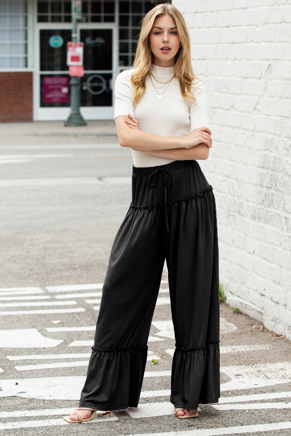 Black Frill Detail Drawstring High Waist Wide Leg Pants - MAD RUFFI