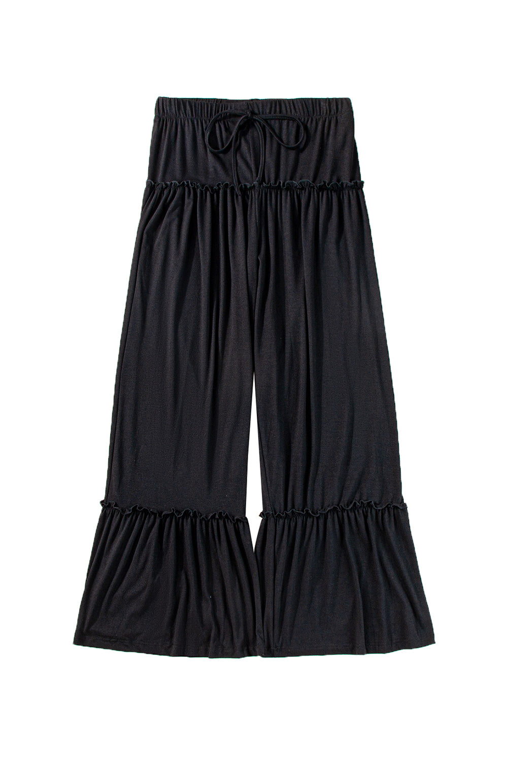 Black Frill Detail Drawstring High Waist Wide Leg Pants - MAD RUFFI