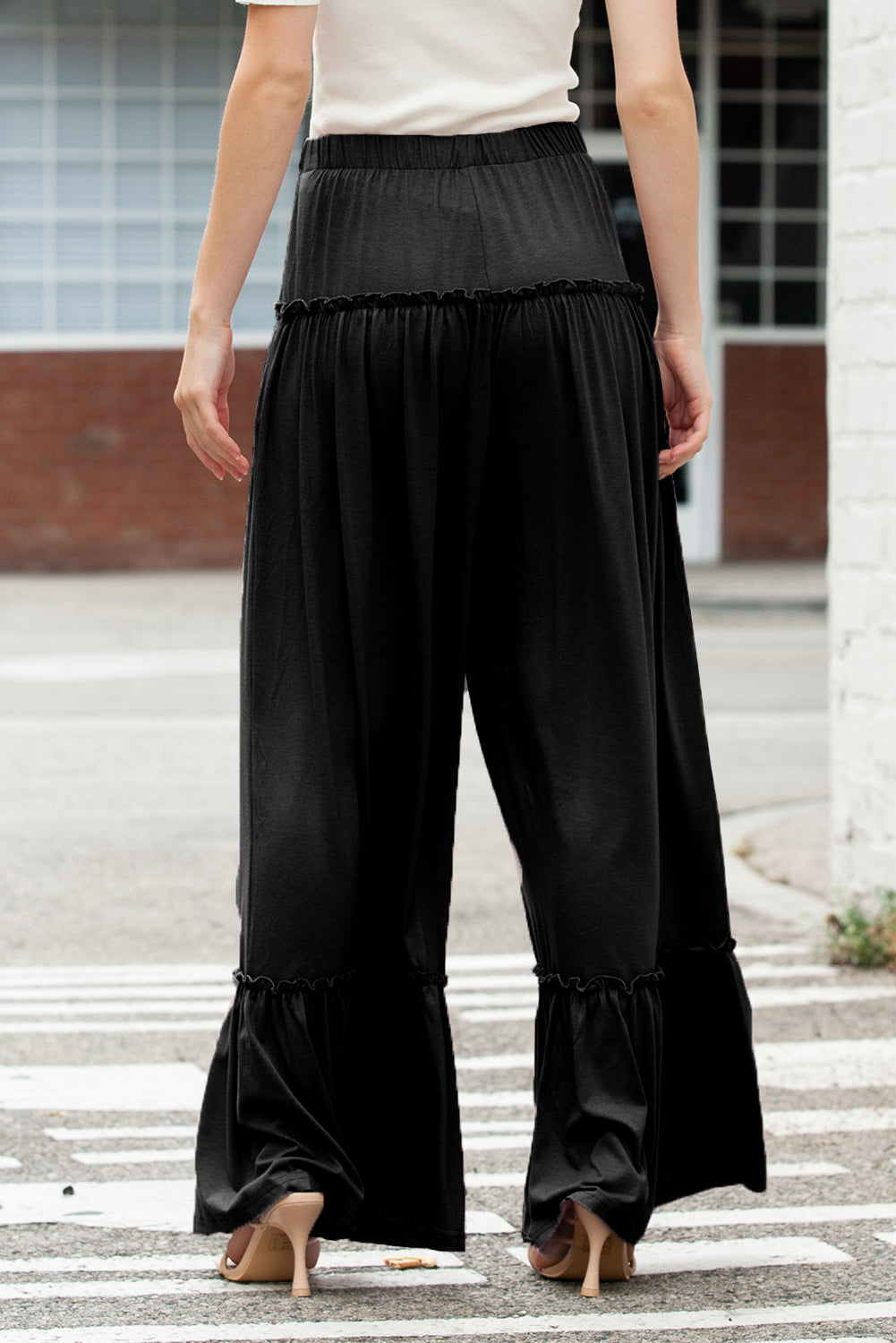 Black Frill Detail Drawstring High Waist Wide Leg Pants - MAD RUFFI