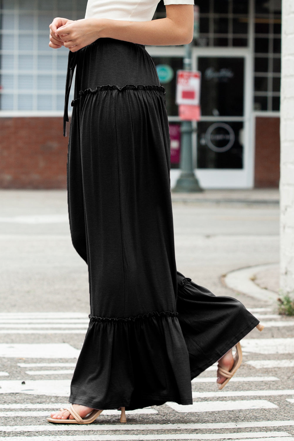 Black Frill Detail Drawstring High Waist Wide Leg Pants - MAD RUFFI