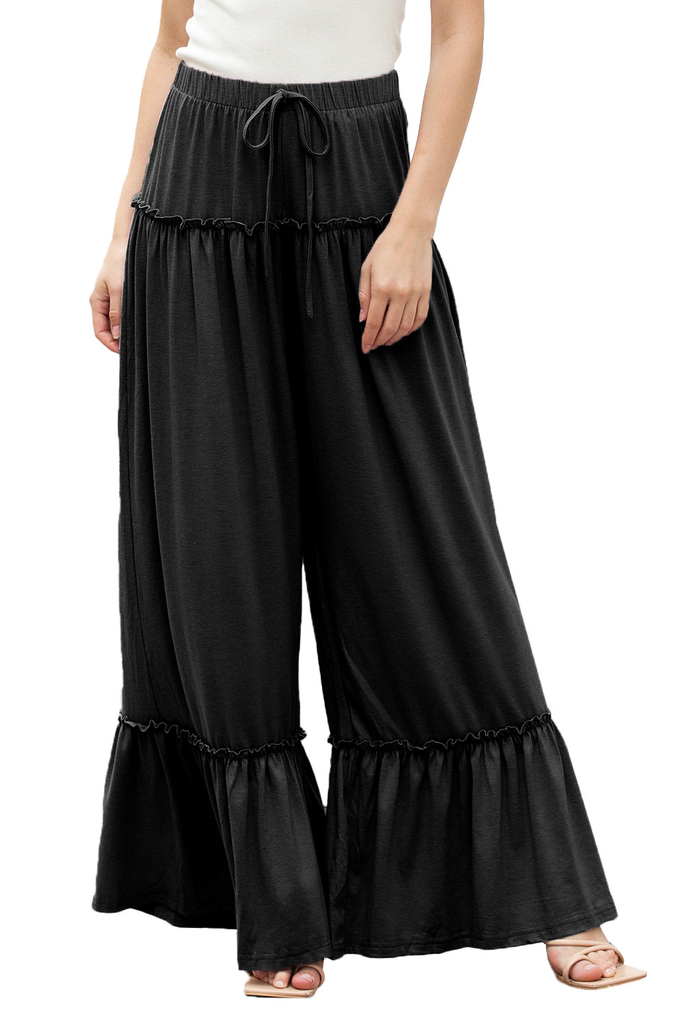 Black Frill Detail Drawstring High Waist Wide Leg Pants - MAD RUFFI