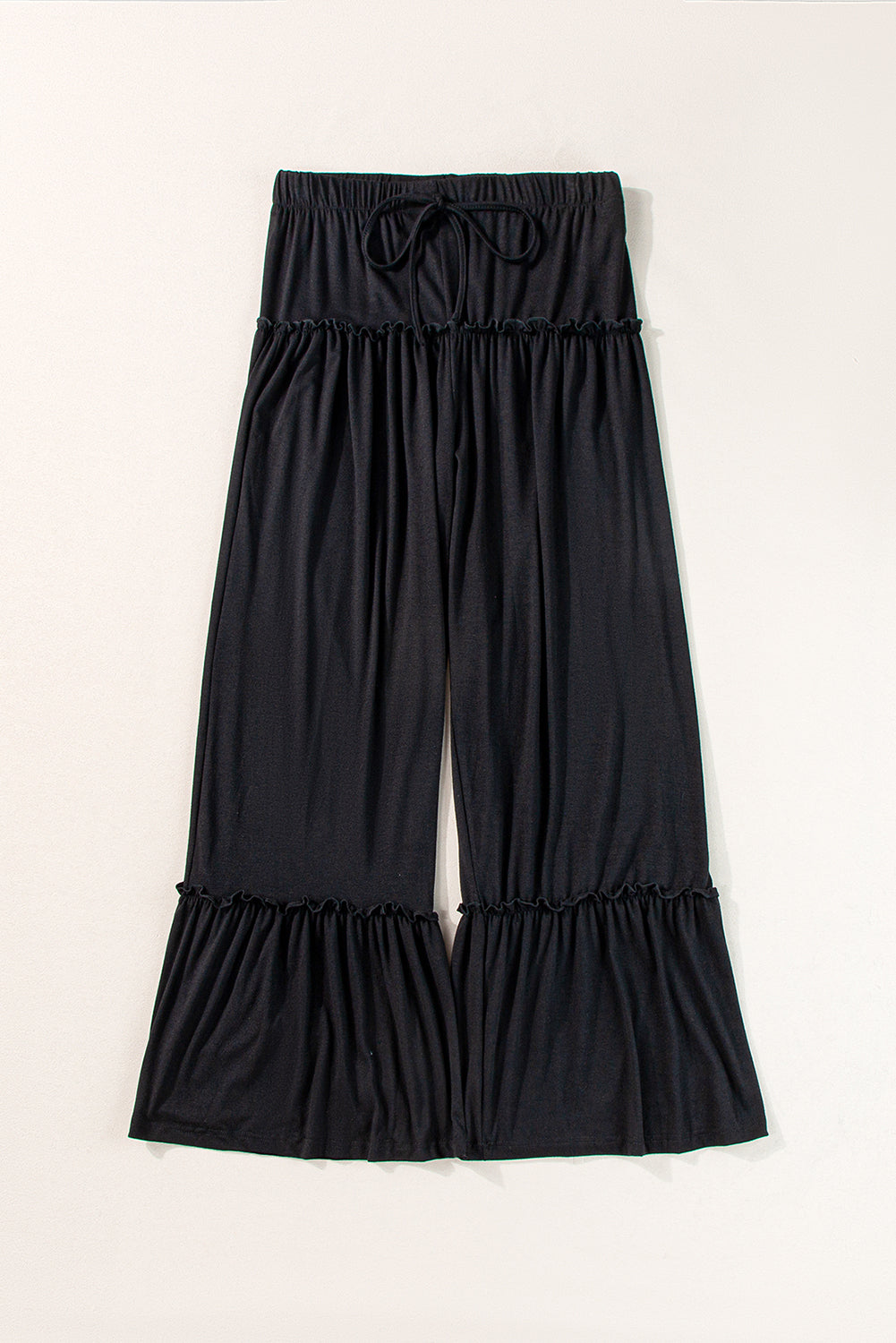 Black Frill Detail Drawstring High Waist Wide Leg Pants - MAD RUFFI