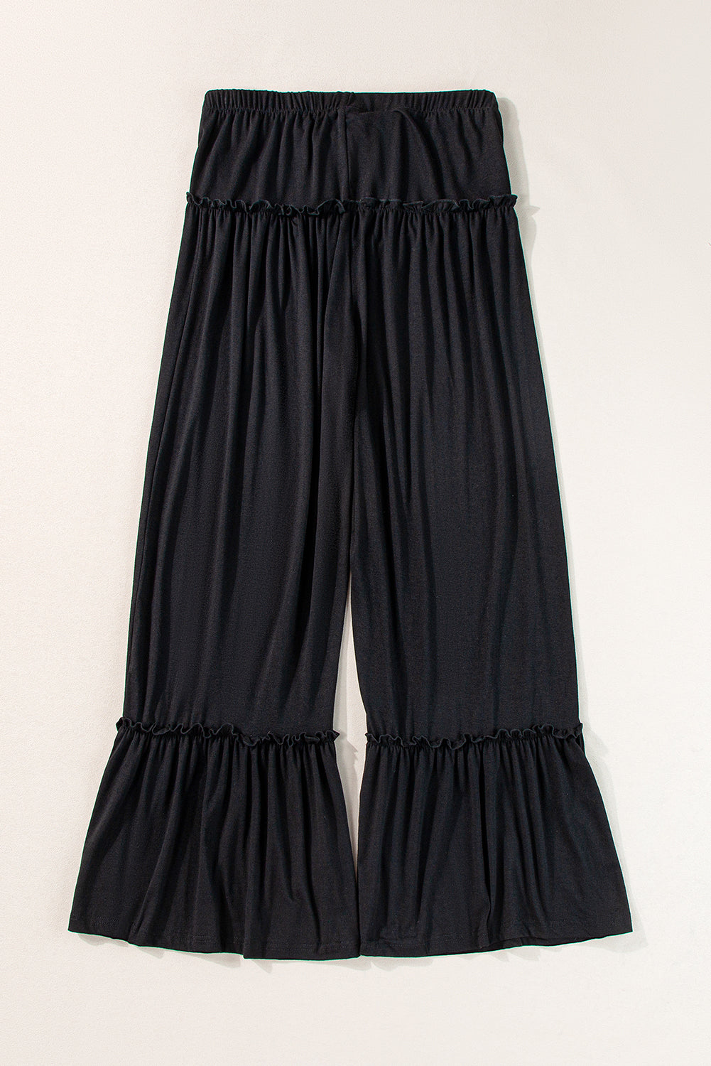 Black Frill Detail Drawstring High Waist Wide Leg Pants - MAD RUFFI