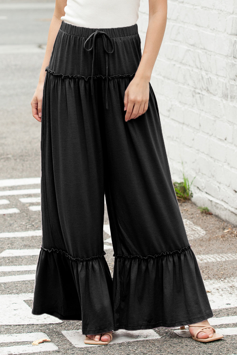 Black Frill Detail Drawstring High Waist Wide Leg Pants - MAD RUFFI