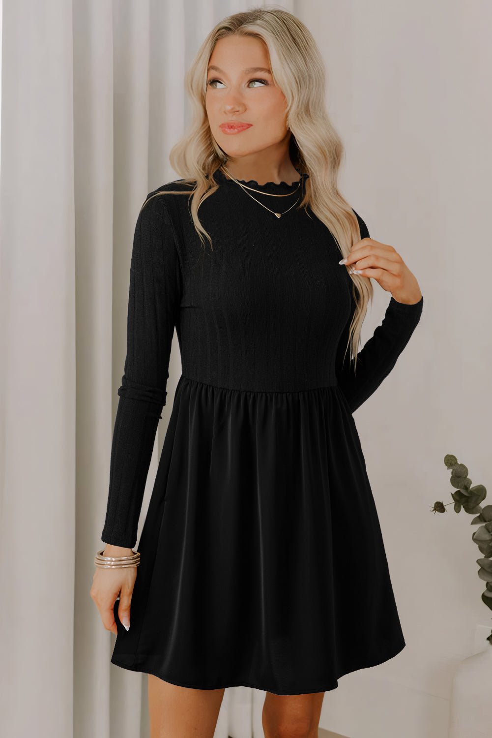 Black Frilled Neck Ribbed Knit Patchwork Long Sleeve Mini Dress - MAD RUFFI