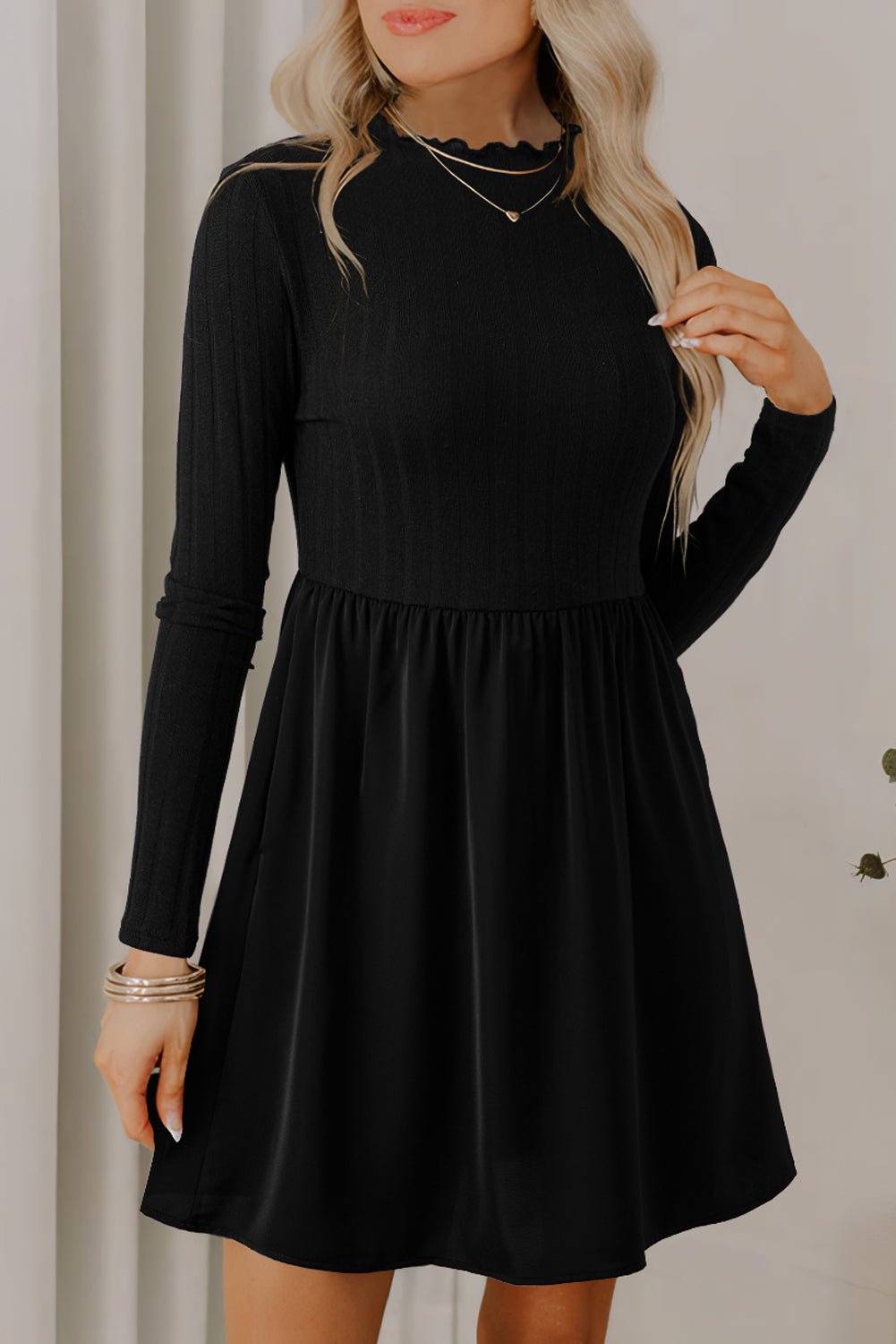 Black Frilled Neck Ribbed Knit Patchwork Long Sleeve Mini Dress - MAD RUFFI