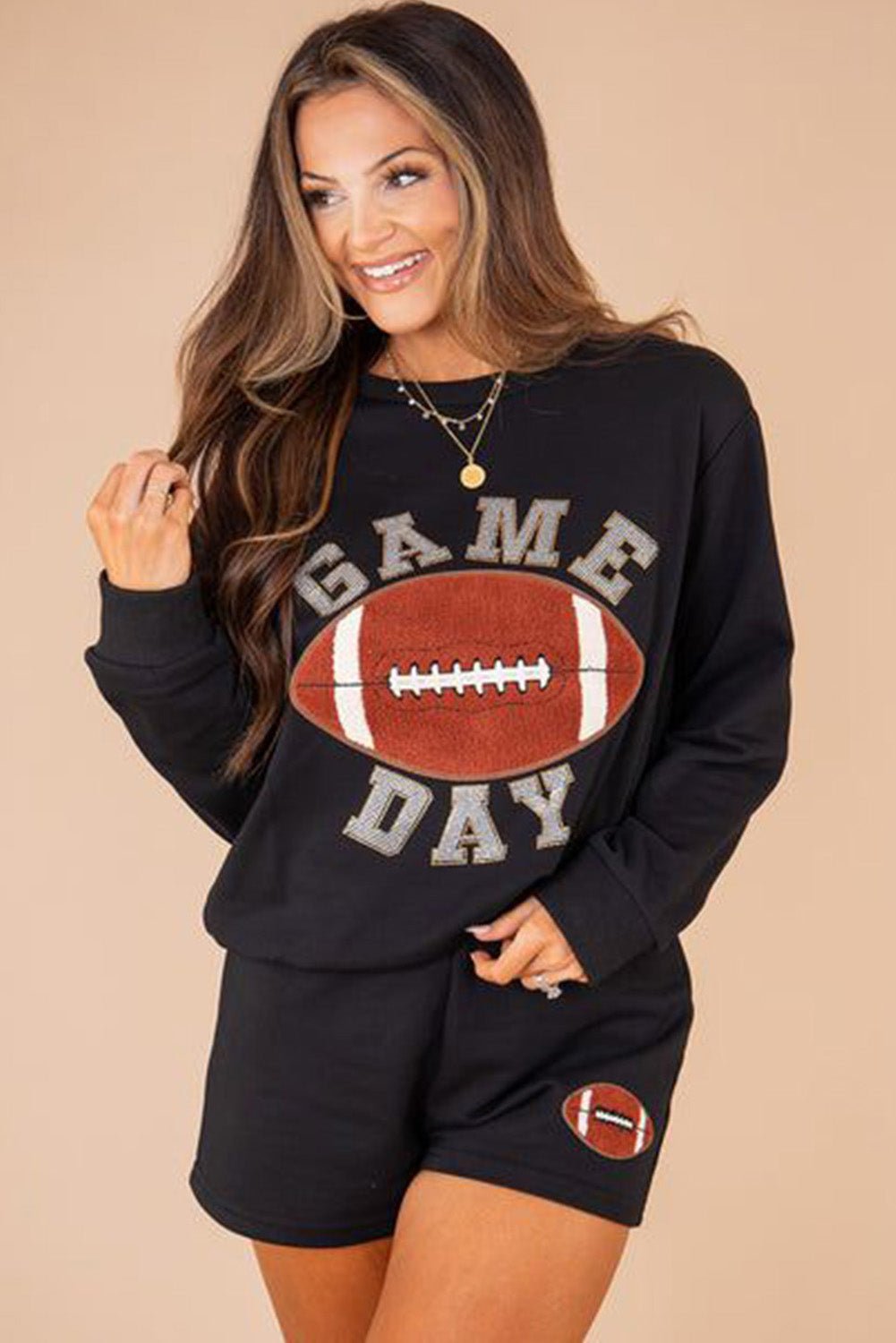 Black GAME DAY Football Graphic Pullover and Shorts Set - MAD RUFFI