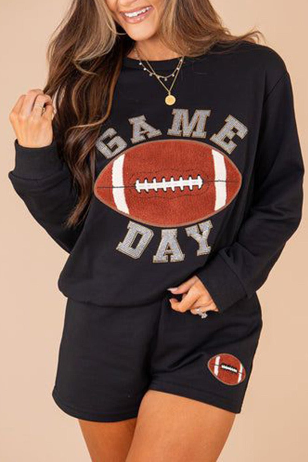 Black GAME DAY Football Graphic Pullover and Shorts Set - MAD RUFFI